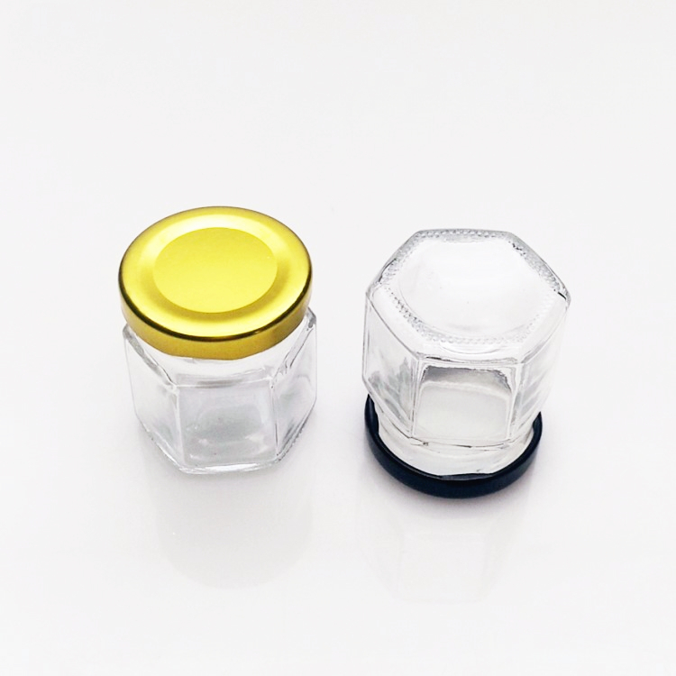 45ml small mini hexagonal clear glass honey jar with metal lid wholesale