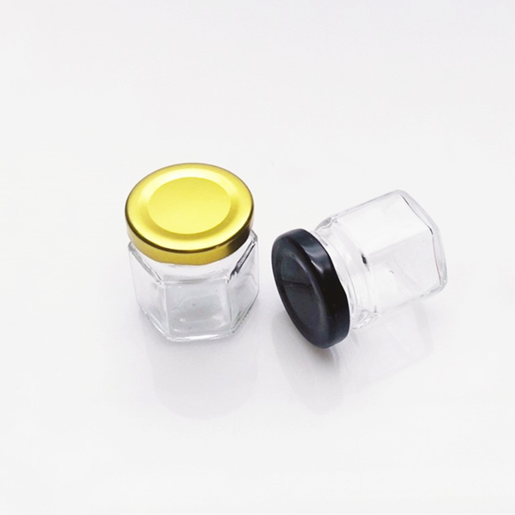 45ml small mini hexagonal clear glass honey jar with metal lid wholesale