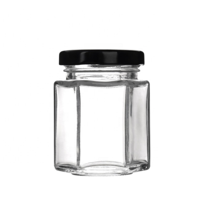 45ml60ml80ml100ml180ml280ml380ml500ml730ml hexagon shape honey jam caviar food packing glass jar with lid