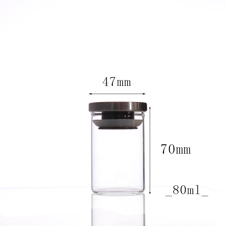 47mm Diameter high borosilicate glass bottles with stainless steel lid 80ml straight side glass jar herb container