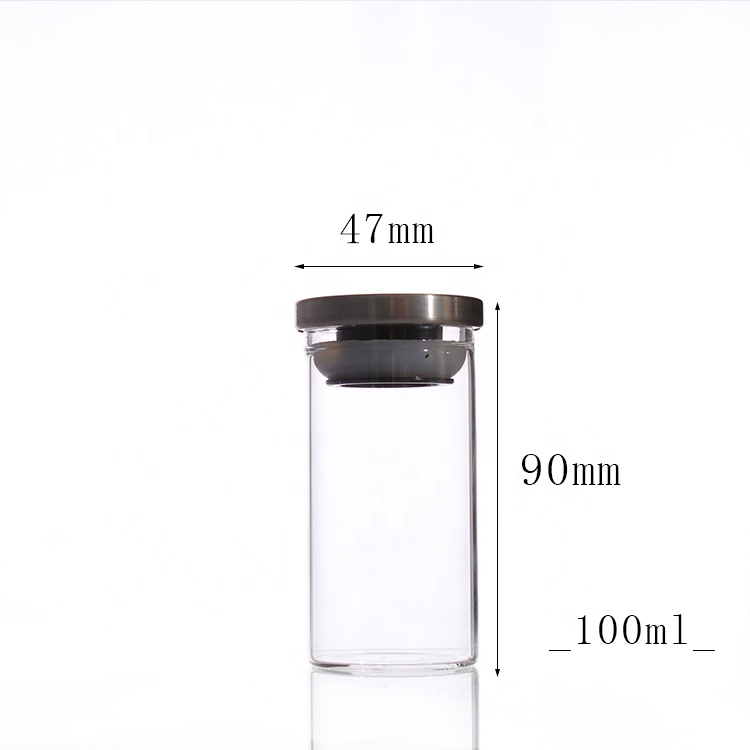 47mm Diameter high borosilicate glass bottles with stainless steel lid 80ml straight side glass jar herb container