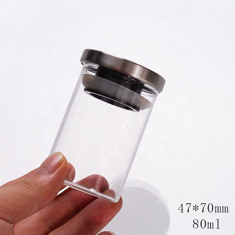 47mm Diameter high borosilicate glass bottles with stainless steel lid 80ml straight side glass jar herb container