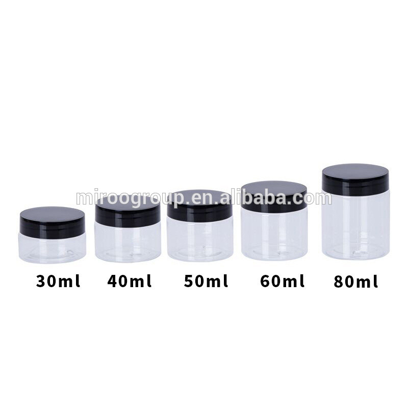 47mm neck 30ml 40ml 50ml 60ml 80ml PET clear empty jar with black white aluminum lids and seal liners included