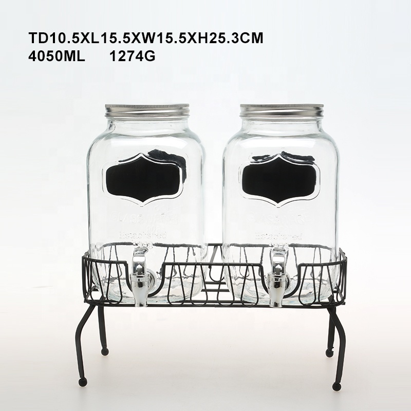 4L Square Double Glass Dispenser with Tap and Metal Rack