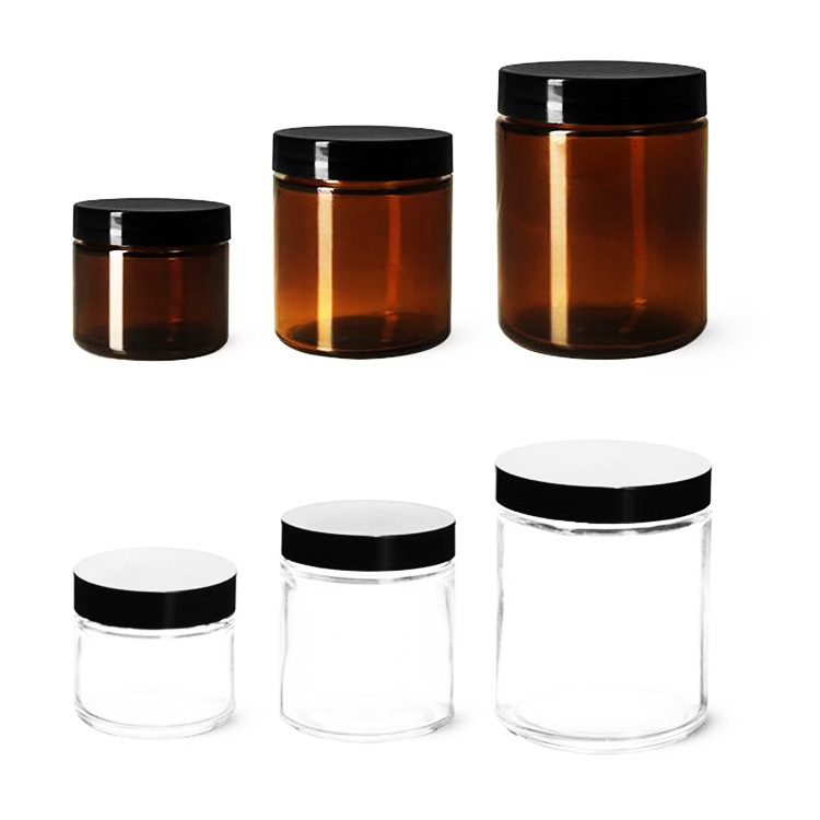 4OZ 8OZ 16OZ Wide Mouth Round Empty Amber Glass Cream Jars With Black Lid