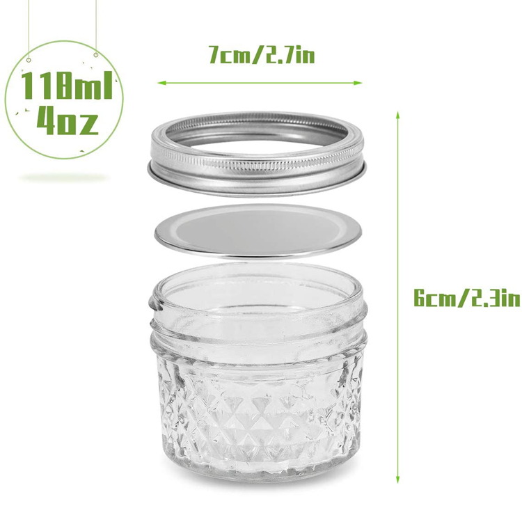 4OZ diamond embossing design wide mouth glass mason jars with 2 parts metal lid