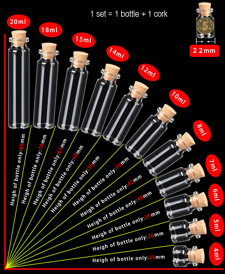 4ml-20ml Small Glass Jars Message Vials With Lid Cheap Cork Stopper Bottle DIY Small Glass Bottle Mini Containers 22 diameter