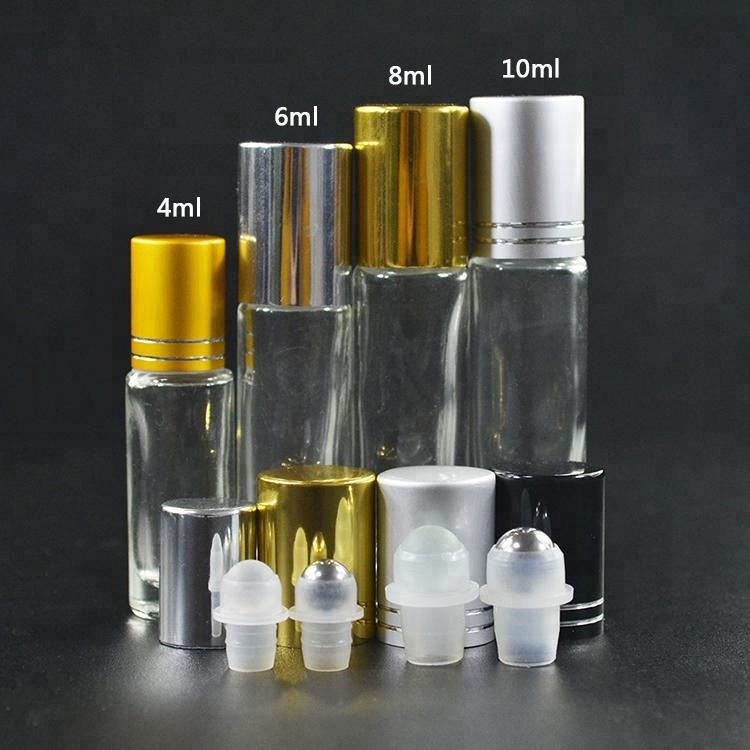 4ml 6ml 8ml 10 ml Clear Glass Roller Bottles with Metal Roll On Inserts & Silver Caps