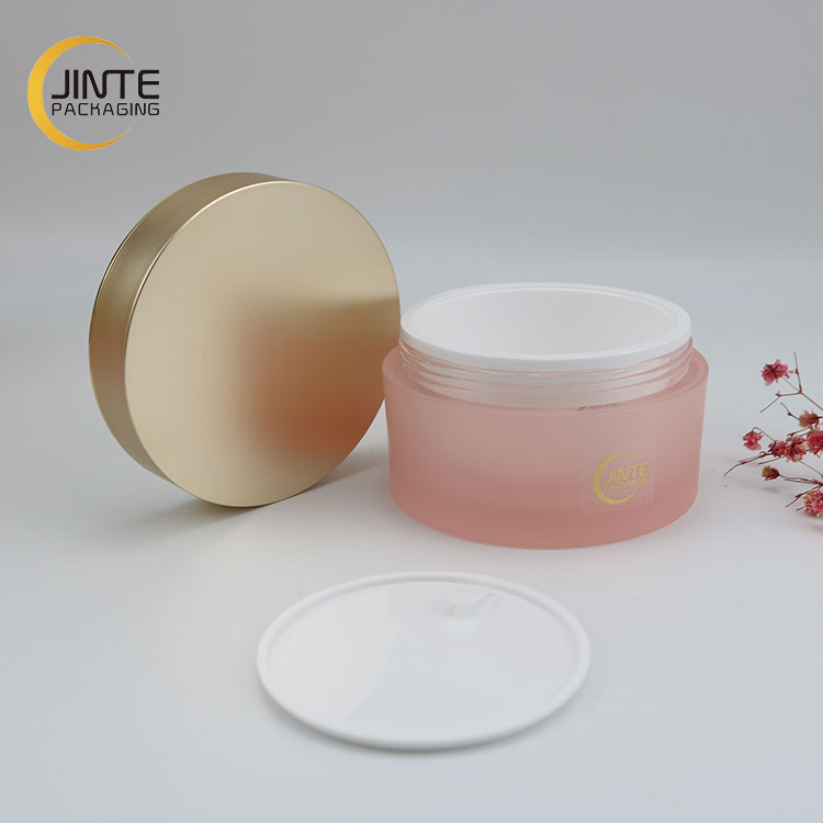 4oz 100ml Round Shape Acrylic Cream double wall Jar Custom unique Gold Cap Pink body for cosmetics packaging