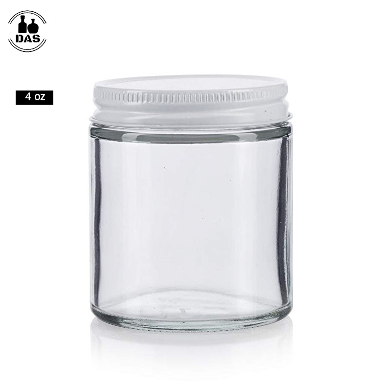 4oz 120ml Clear Thick Round Glass Straight Sided Jar with White Metal Airtight Lid