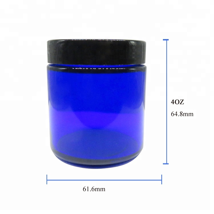 4oz 120ml Cobalt Blue Cream Jar Glass Cosmetic Jar with Black Plastic Lid