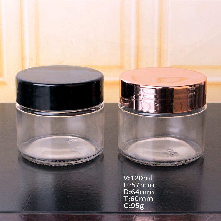 4oz 120ml round Straight Sided Clear Airtight Glass storage Jar with Black Plastic Lids