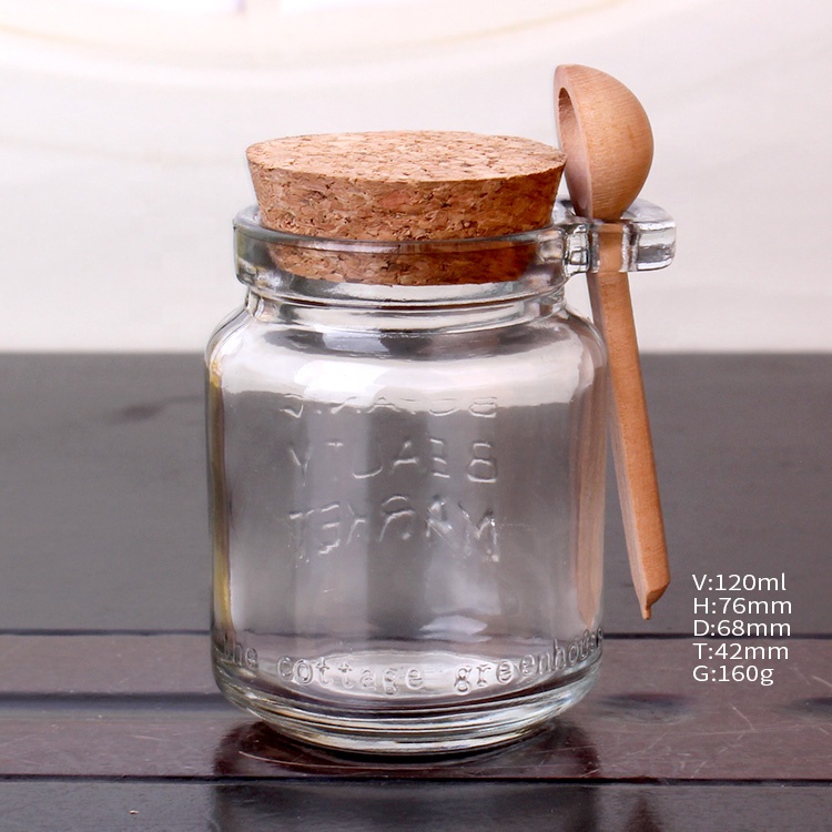 4oz 120ml round seasoning glass spice storage jar with cork lid and wood spoon
