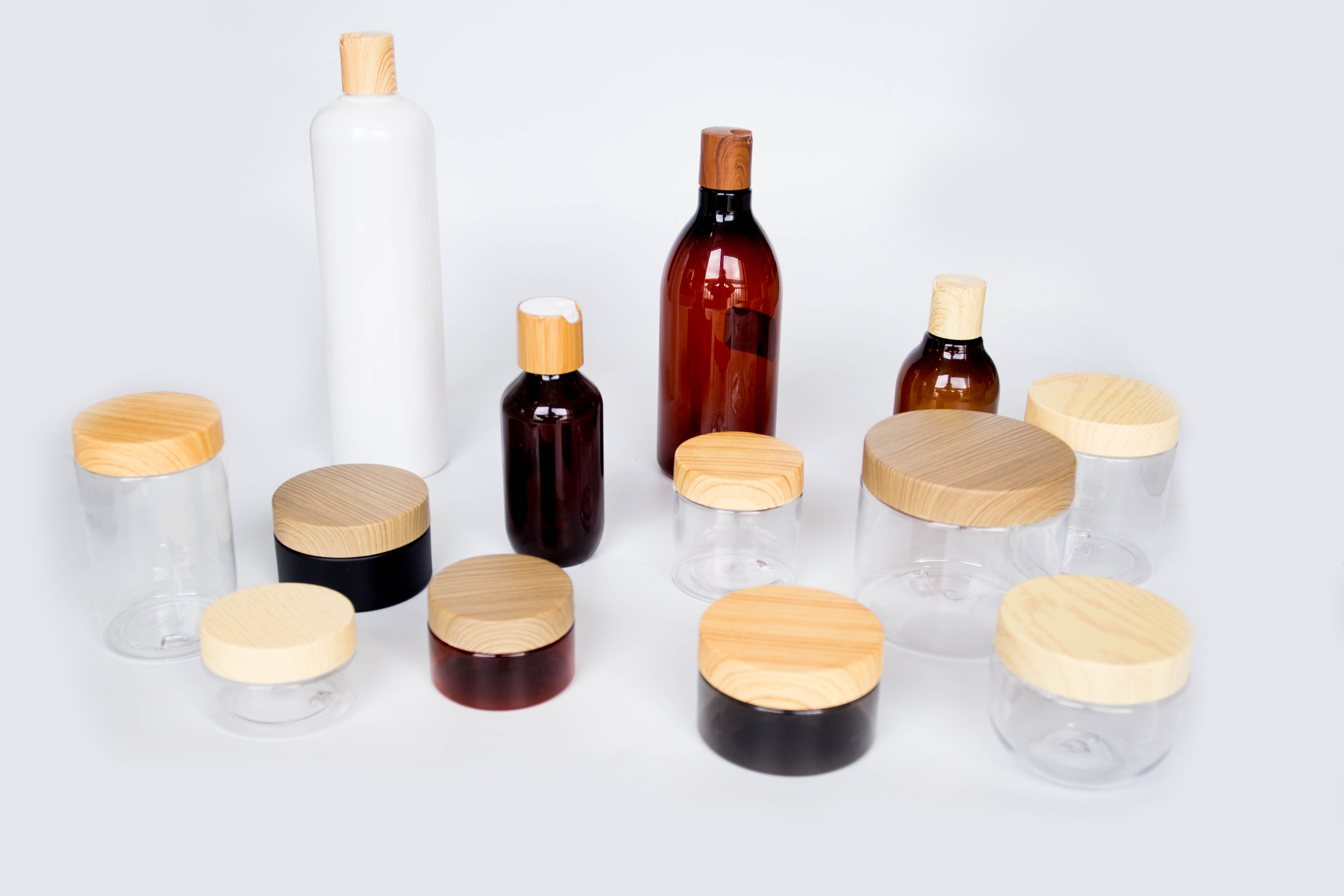 4oz 8oz plastic PET cosmetic packaging clear, black, blue or custom color cream jars with bamboo lid