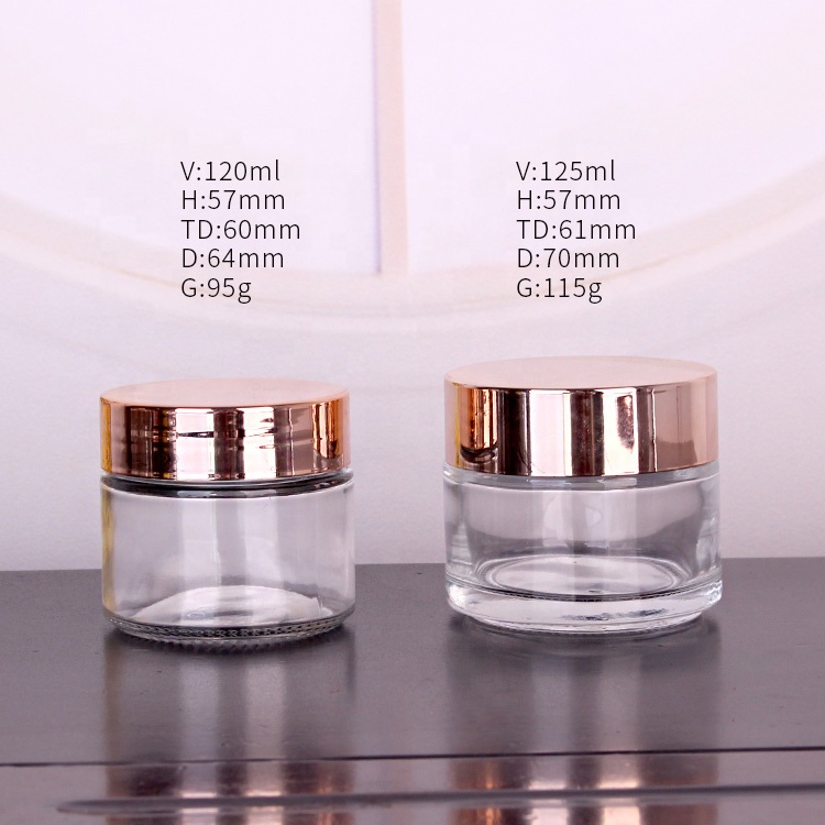 4oz Cosmetic packaging cylinder glass cream jar with rose gold lid