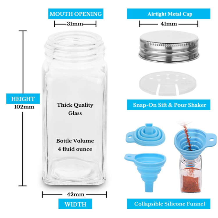 4oz Empty Square Spice Bottles with Shaker Lids and Airtight Metal Caps