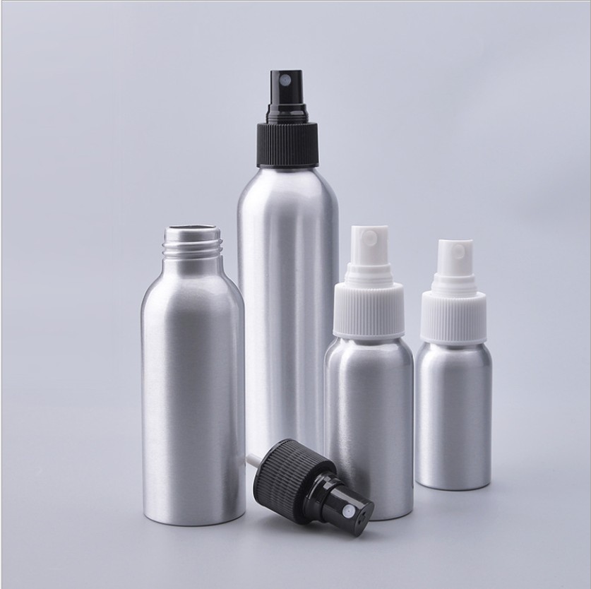 4oz round shoulder aluminium bottle with spray atomizer for essential oils packaging