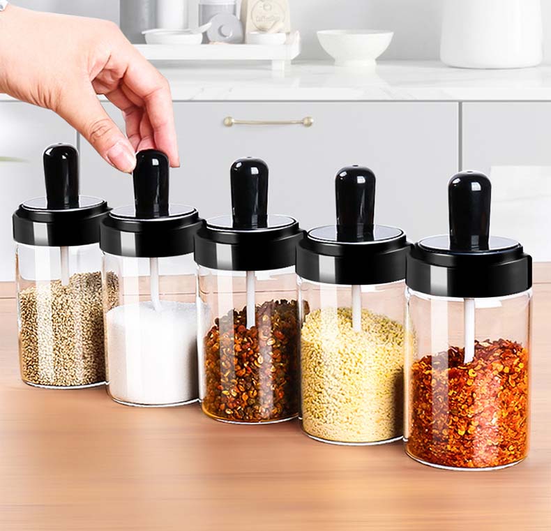 4pcs Glass Canister With Lid Kitchen Spices Containers Glass Jars Serving For Oil Spices Sugar Salt