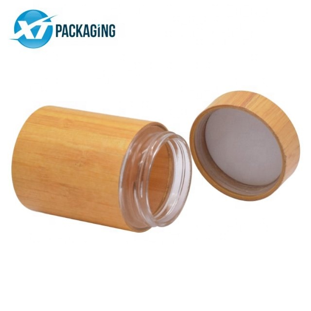 5 1oz Cosmetic Jar Wooded Cap for Skin Care Cream Packaging with bamboo cap Glass Plastic