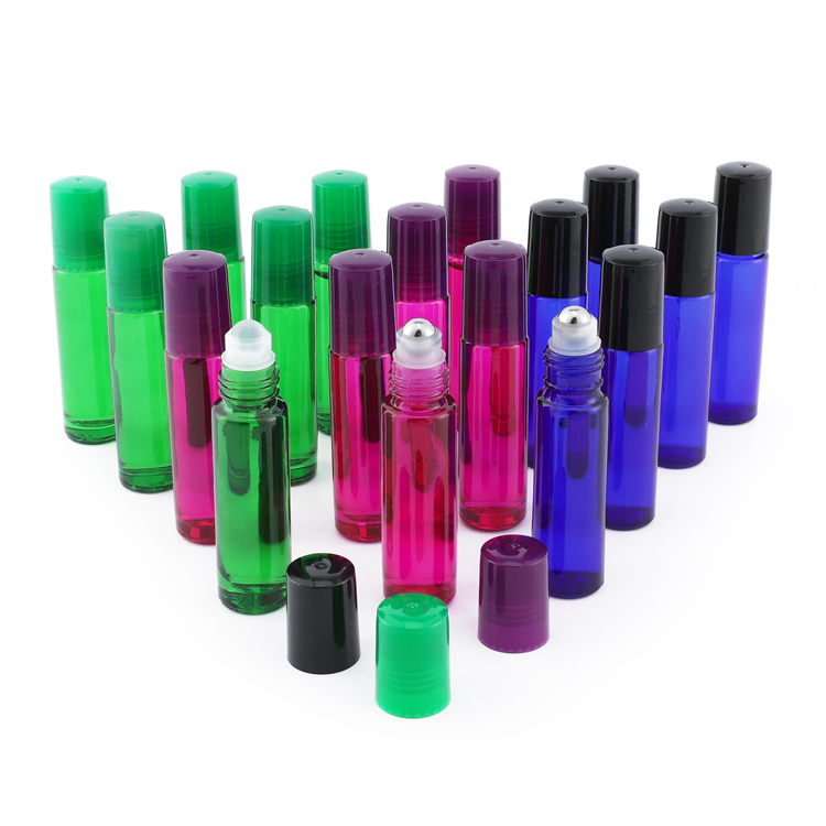 5 ml 10ml blue amber green pink  perfume glass packaging with stainless steel roller ball roller-on bottles with caps