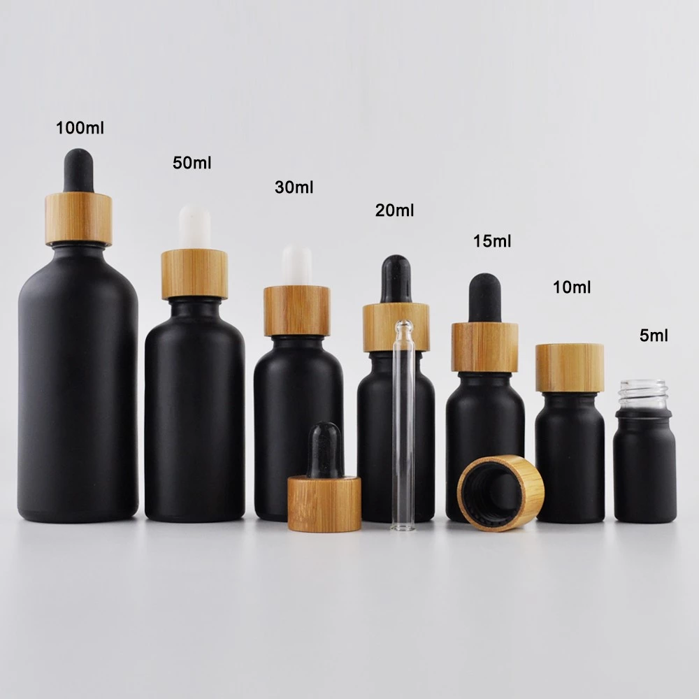 5 ml matte black glass skin care essential oil dropper packaging bottle with bamboo lid