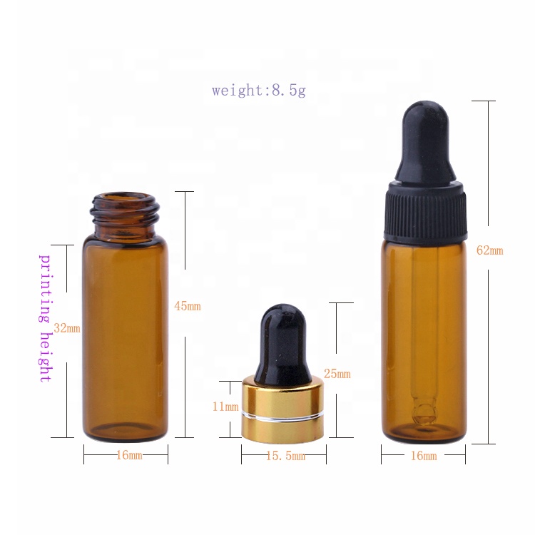 5 ml small mini clear amber test glass vial dropper bottle for essential oil serum