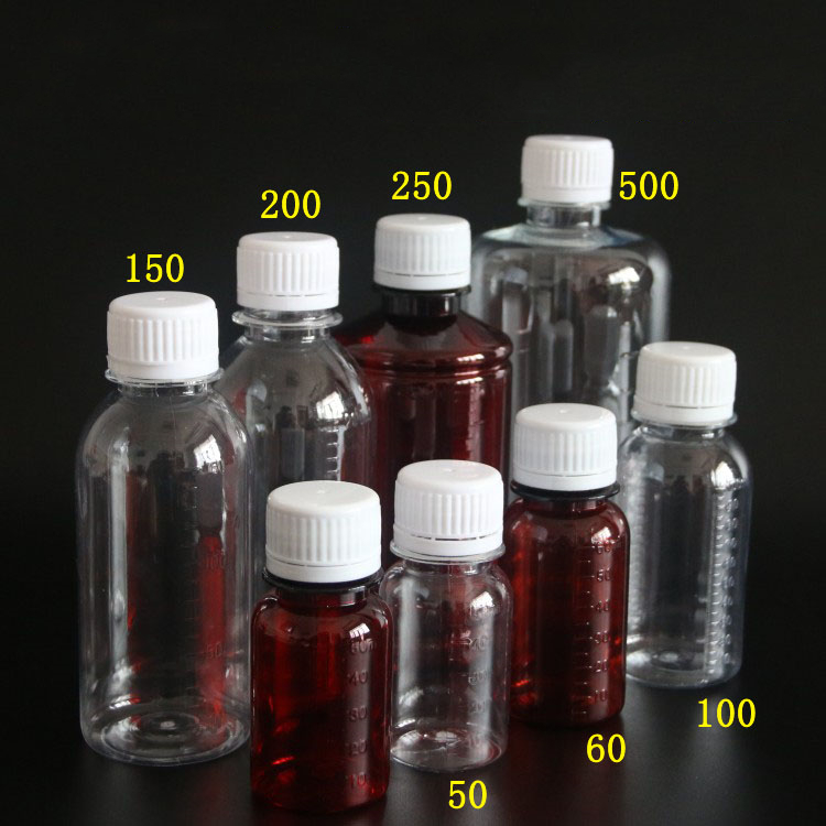 50 60 100 150 200 250 500ml Transparent/Brown PET Plastic Liquid Medicine bottles with scale