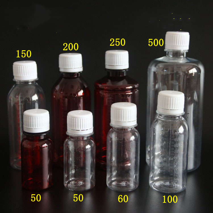 50 60 100 150 200 250 500ml Transparent/Brown PET Plastic Liquid Medicine bottles with scale