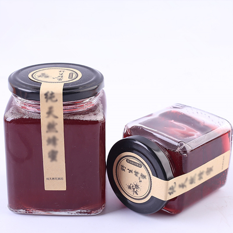 50~730ml clear square shaped glass honey jam jar with metal lid