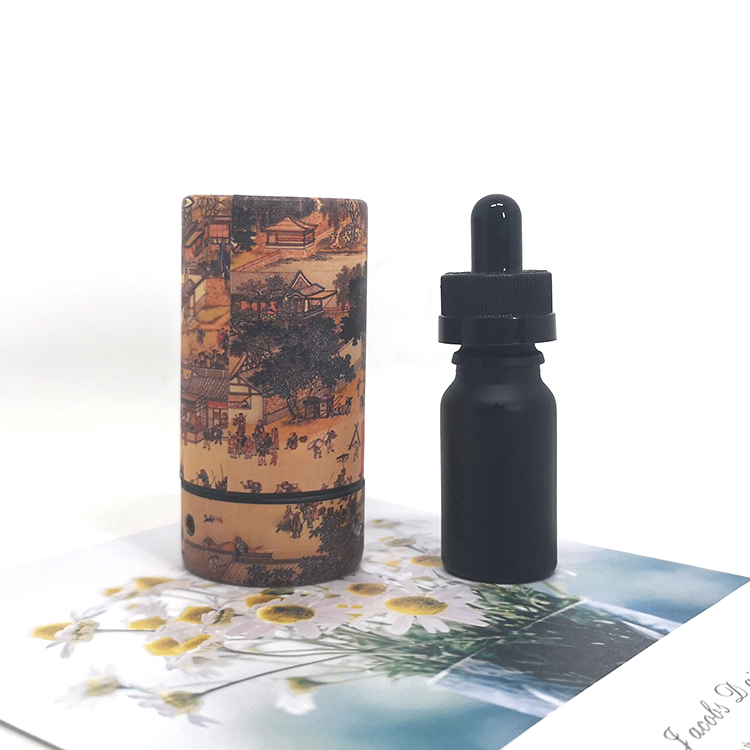 50 ml Matte black frosted round essential oil glass bottle with bamboo wood lid cap
