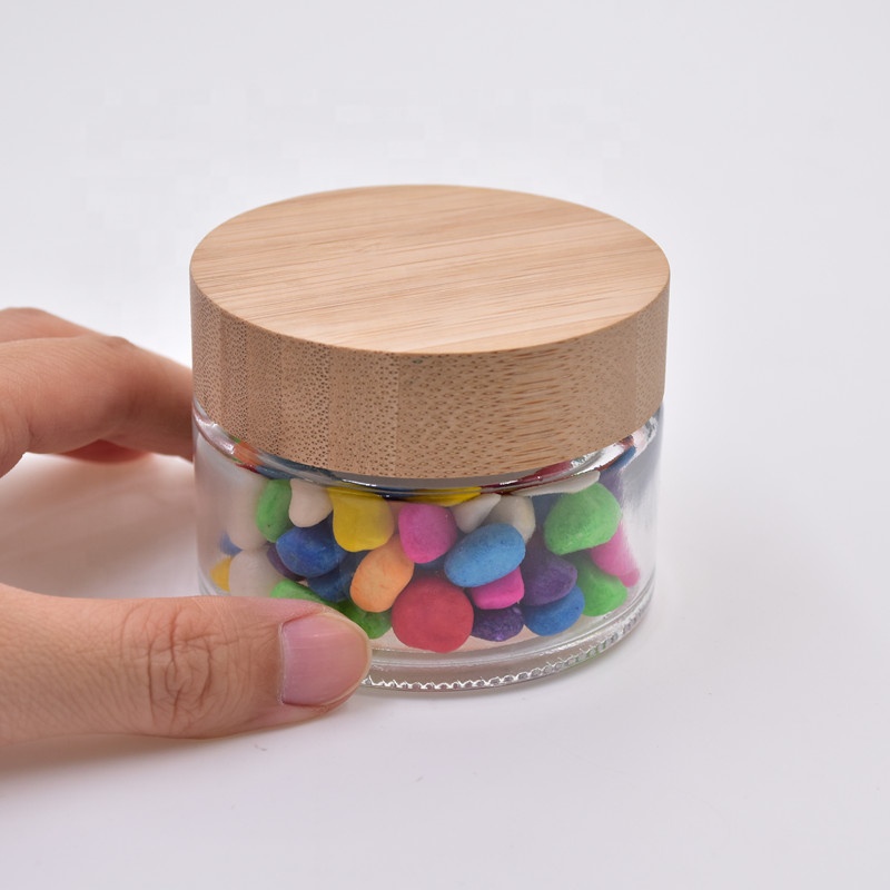 50 ml clear round shape face skin cream cosmetic packing glass jar with bamboo lid.