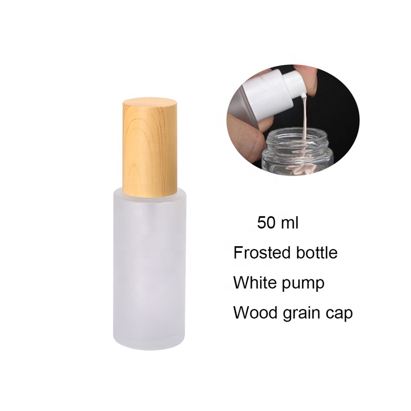 50 ml frosted white glass bottles cosmetic packaging face cream pump and fine mist spray bottle with water transfer wooden lid