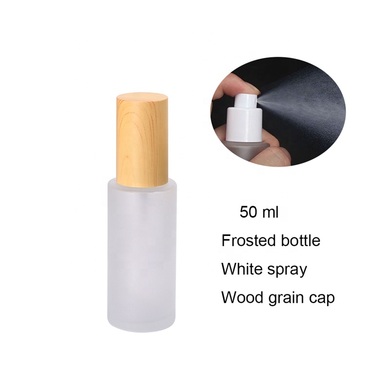 50 ml frosted white glass bottles cosmetic packaging face cream pump and fine mist spray bottle with water transfer wooden lid
