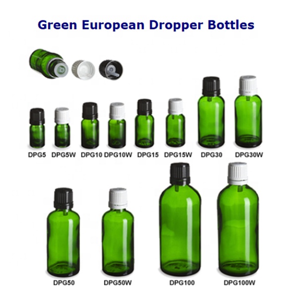 50 ml green essential oil glass bottle with tamper proof cap and orifice reducer