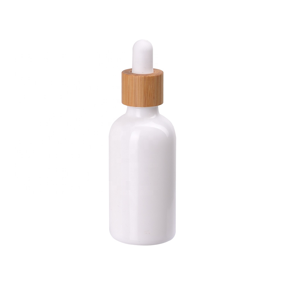 50 ml opal white glass bottle white 18-410 bamboo screw cap white rubber top essential oil glass dropper pipette
