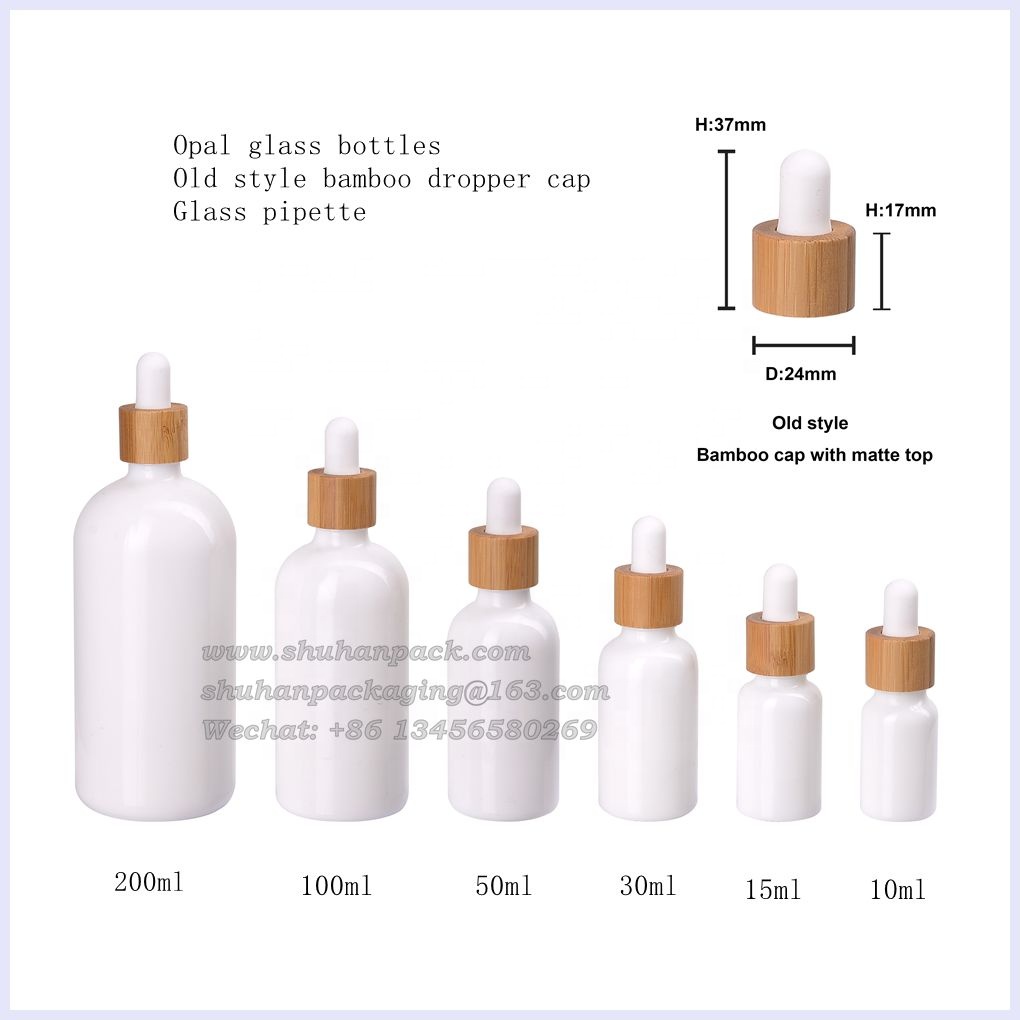 50 ml opal white glass bottle white 18-410 bamboo screw cap white rubber top essential oil glass dropper pipette