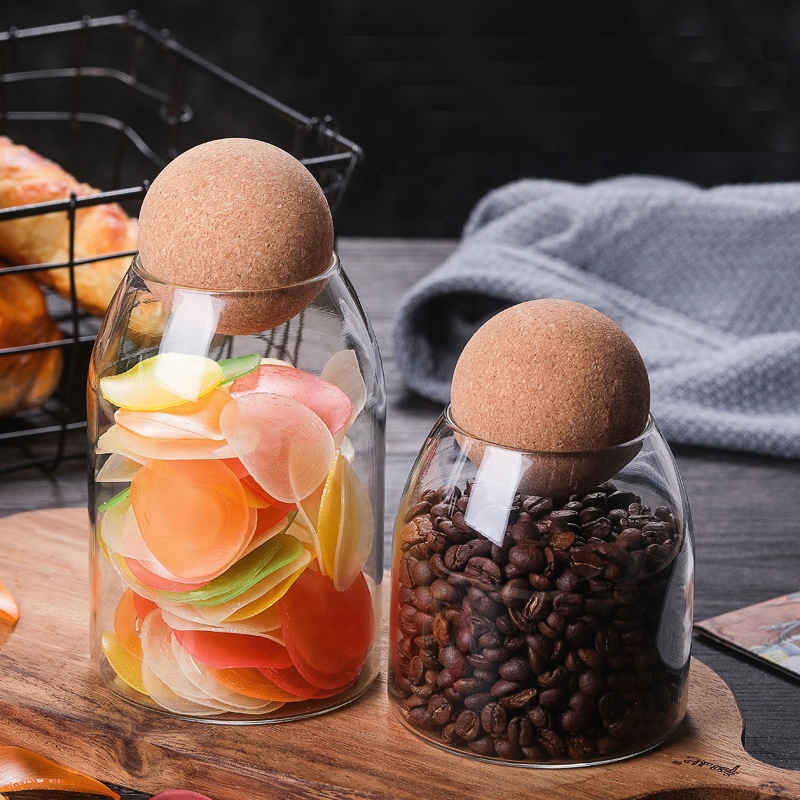 500/800/1200ml Cork Ball Lid Stopper Lid Borosilicate Glass Storage Jar