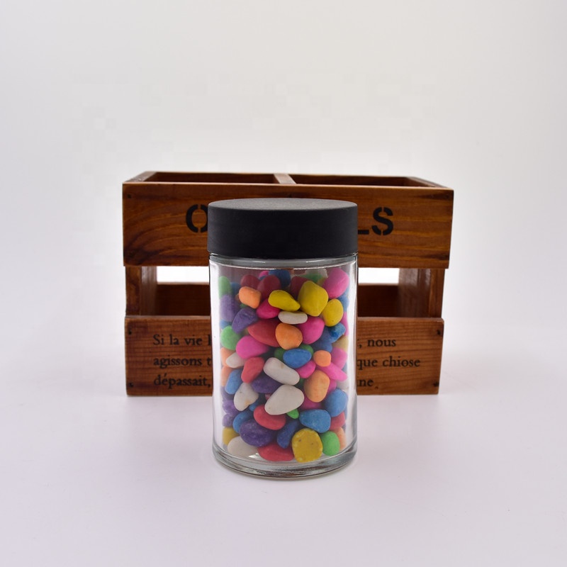 500 ml clear round straight side  food storage snacks  scented tea  glass jar with plastic child proof lid.