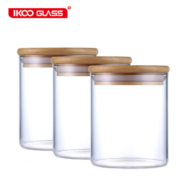 500ML Glass Kitchen Storage Jars, Airtight Storage Containers with Wooden Lid Set of 3