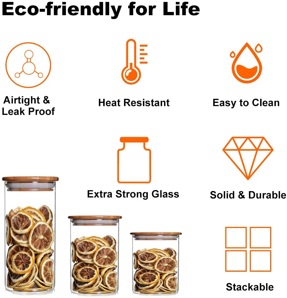 500ML Glass Kitchen Storage Jars, Airtight Storage Containers with Wooden Lid Set of 3
