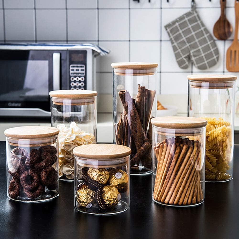 500ML Glass Kitchen Storage Jars, Airtight Storage Containers with Wooden Lid Set of 3
