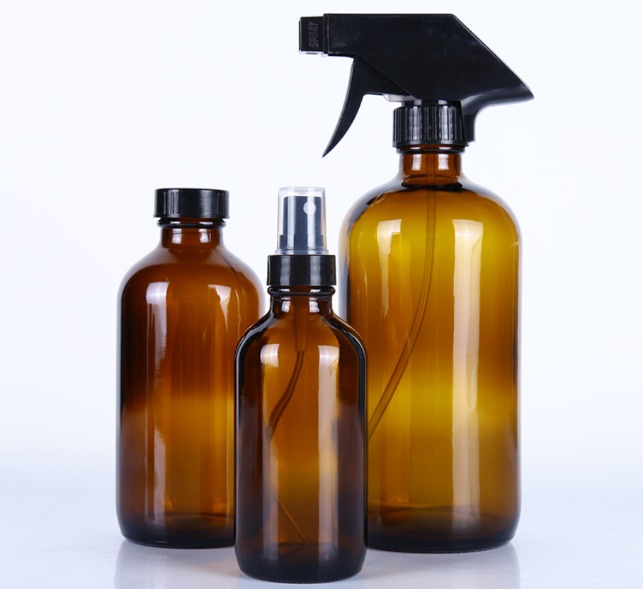 500ML Large Refillable 16 OZ Amber Glass Spray Bottle For Cleaning , Essential Oil Bottle With Black Trigger Spray Top