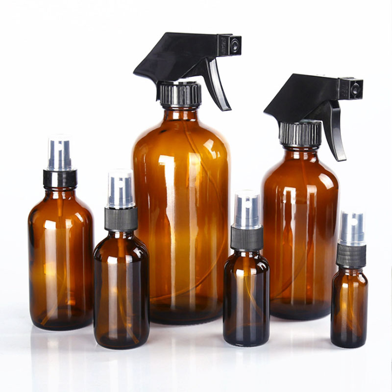 500ML Refillable 16 OZ Amber Spray Glass Bottle For Essential Oil Bottle Black Trigger Spray Top
