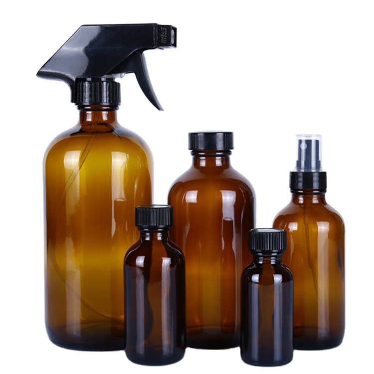 500ML Refillable 16 OZ Amber Spray Glass Bottle For Essential Oil Bottle Black Trigger Spray Top