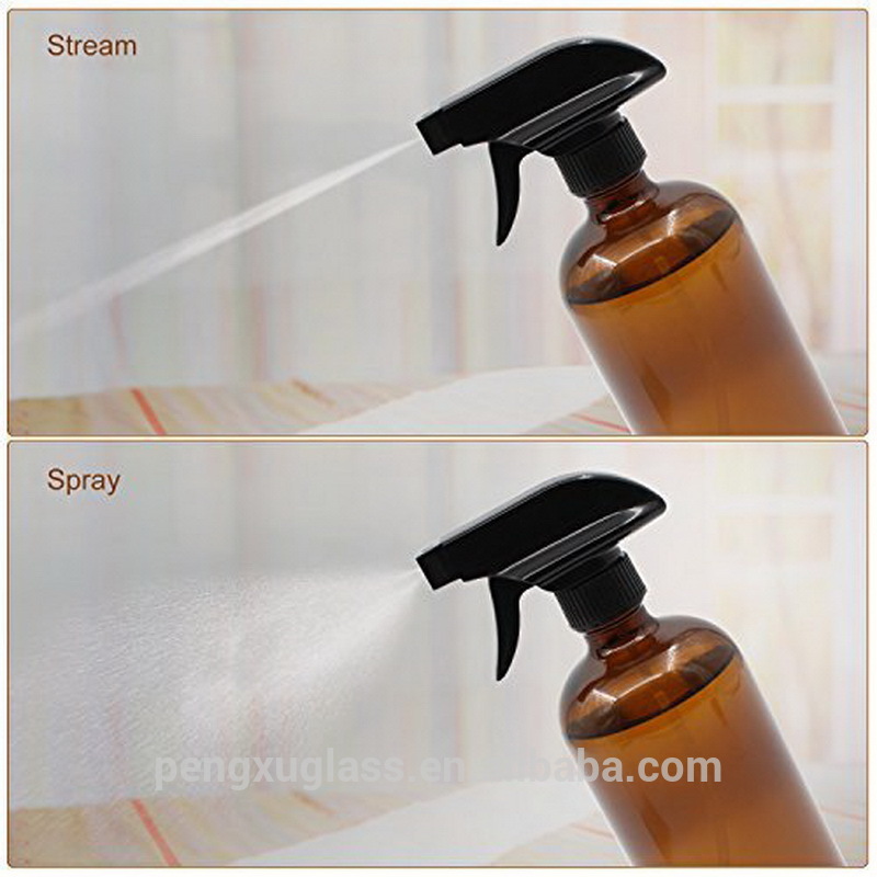 500ML Refillable Boston Round 16 oz Amber Spray Glass Bottle with Trigger Spray Top