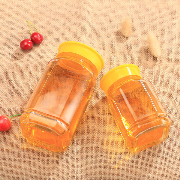 500g 1000g 1kg individual package empty square shape glass honey jar with yellow color plastic cap