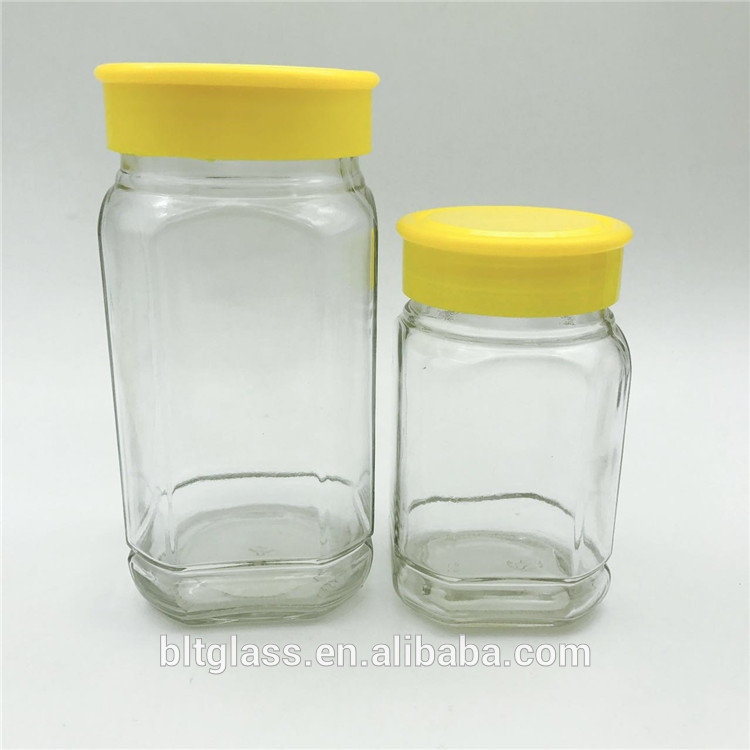 500g 1000g 1kg individual package empty square shape glass honey jar with yellow color plastic cap