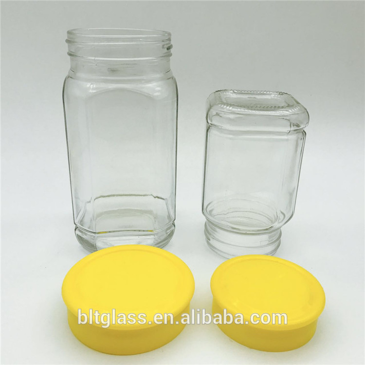 500g 1000g 1kg individual package empty square shape glass honey jar with yellow color plastic cap
