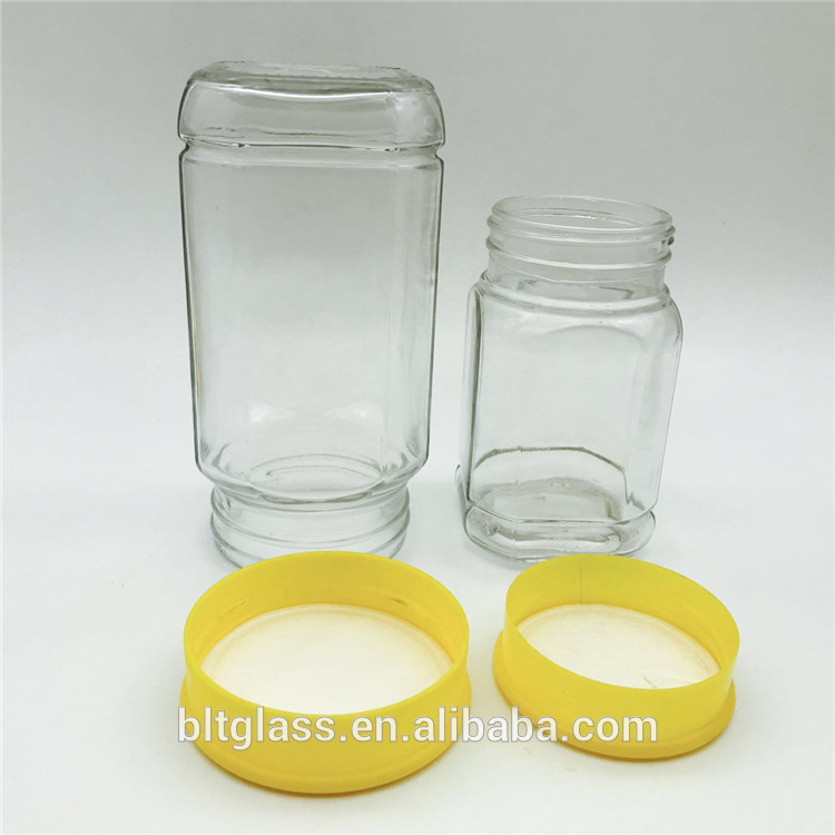 500g 1000g 1kg individual package empty square shape glass honey jar with yellow color plastic cap