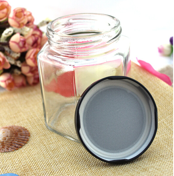 500g 380ml cheap glass jar hexagonal glass honey jar glass container with lid tinplate for honey